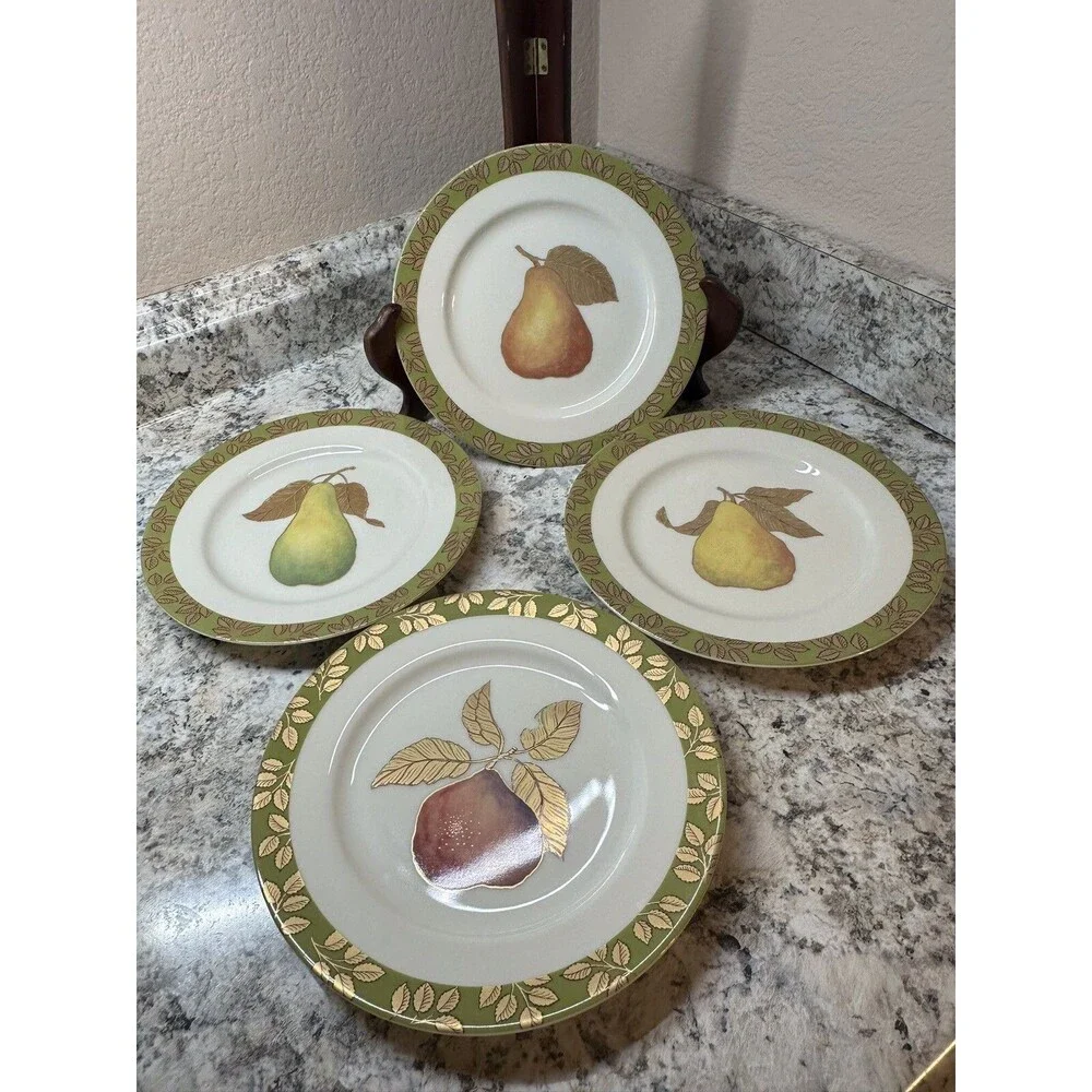 Crate & Barrel Golden Pears 8” Salad Plates Julia Bullmore 1998 Gold Set Of 4